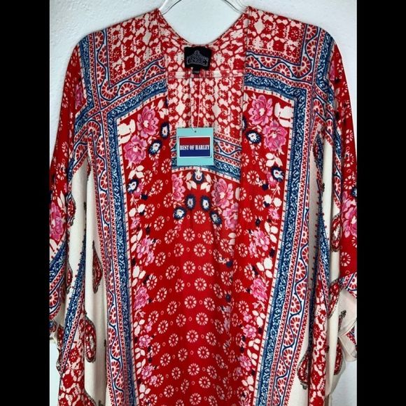 1️⃣1️⃣ Angie Womens Kimono Red One Size OS Duster Cover up Boho Bohemian - Picture 3 of 4